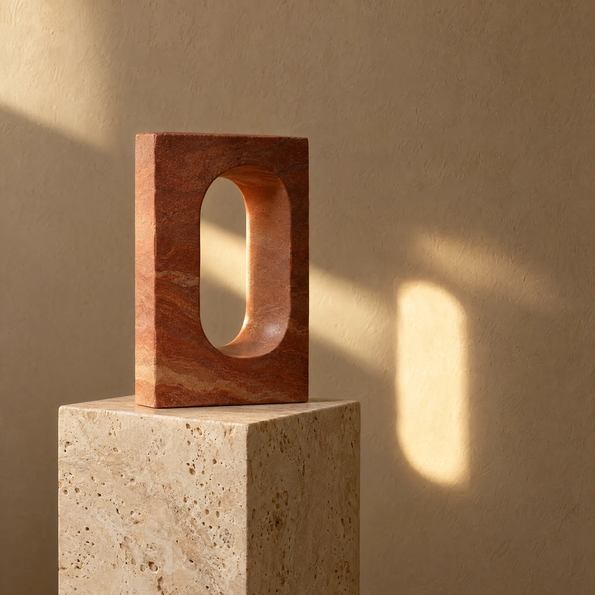 Fertige Sandsteinskulptur mit Fensteröffnung im Sonnenlicht