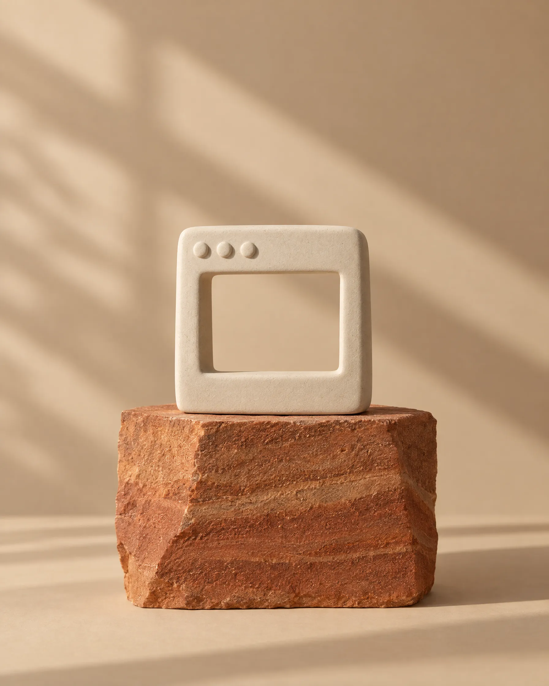 Keramik-Skulptur eines Browserfensters auf einem Sandsteinblock